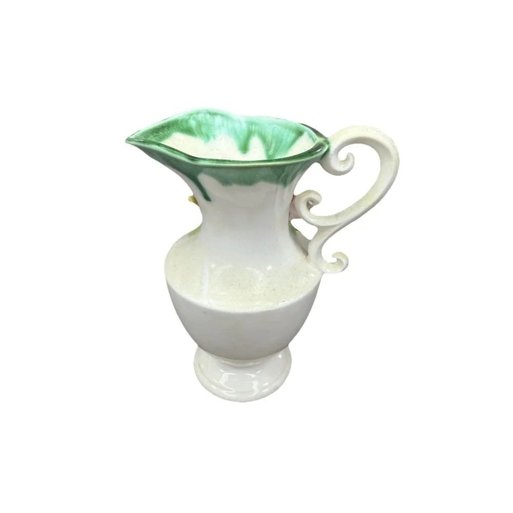Vintage Wales Japan Ceramic Rose Pitcher Vase Pink Yellow Flowers Green Drip